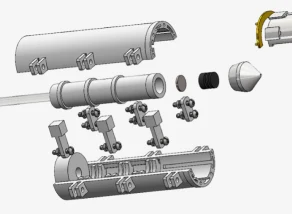 Exploded CAD view showing the self-injection aid component assembly