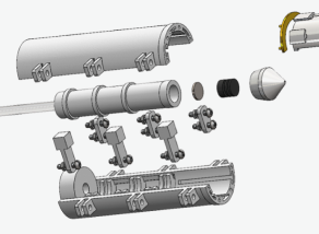 Exploded CAD view showing the self-injection aid component assembly